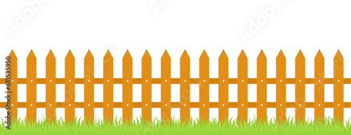 Wooden fence with grass. Realistic wooden fence and green grass. Wooden picket background isolated farm garden barrier. Vector illustration
