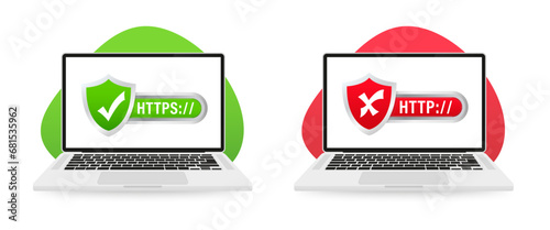 Http vs Https protocols. Protocols, safe web surfing and data encryption on the laptop screen. Understanding the Importance of Secure Web Connections. Vector illustration