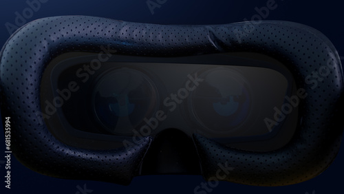 Close up shot of a man is putting futuristic vr glasses headset and entering in latest innovative technology augmented reality simulated colorful holographic world.