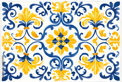 Pattern of azulejos tiles. Rustic blue and yellow tile watercolor seamless pattern 