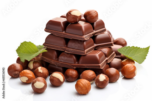 Chocolate tower with hazelnut and leaves on white background. Chocolate stack. Stack of milk and dark chocolate with nuts on white background. Generative AI
