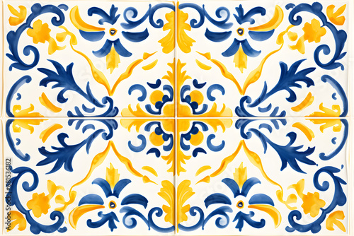 Pattern of azulejos tiles. Rustic blue and yellow tile watercolor seamless pattern 