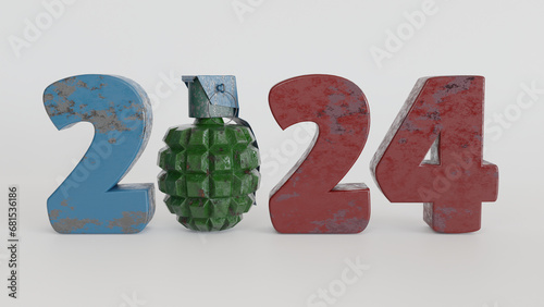 The date of the new year 2024 and a hand grenade, lemon. The idea of the threat of aggressive policy in the new year 2024. photo