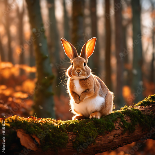 Adorable rabbit perched on a tree in a picturesque fall woodland © simo