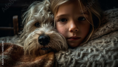 Caucasian child embraces cute terrier puppy in indoor studio shot generated by AI