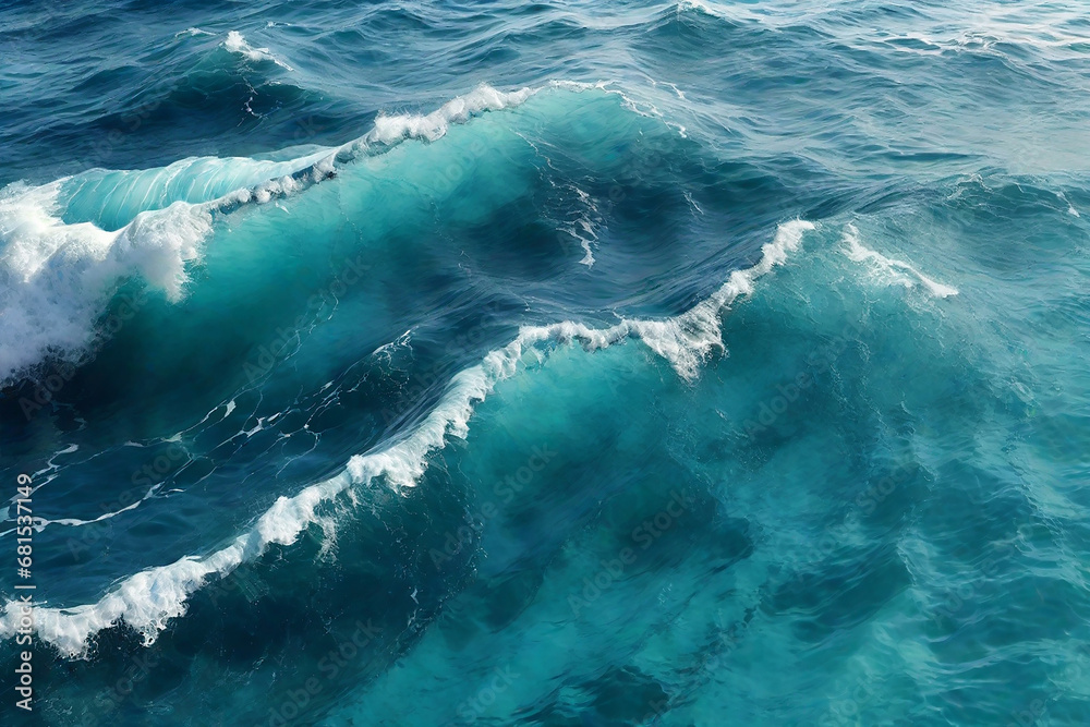 Blue sea water with foam and waves on the surface of the ocean.  Backdrop for copy space text
