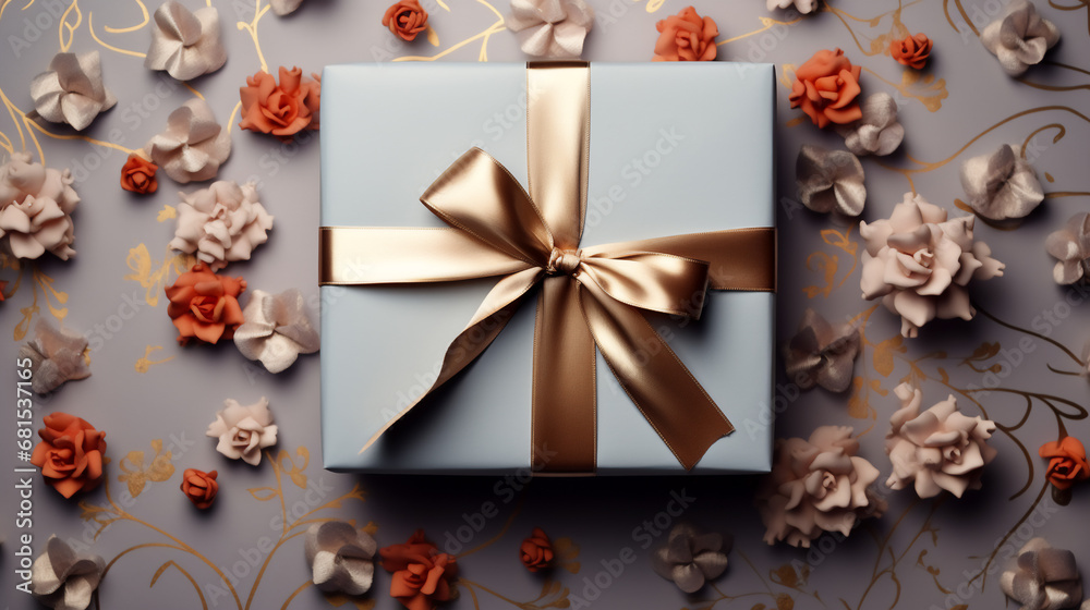 a giftbox background decorated with floral shape elements. Generative ai. a giftbox background decorated with floral shape elements. Generative ai.