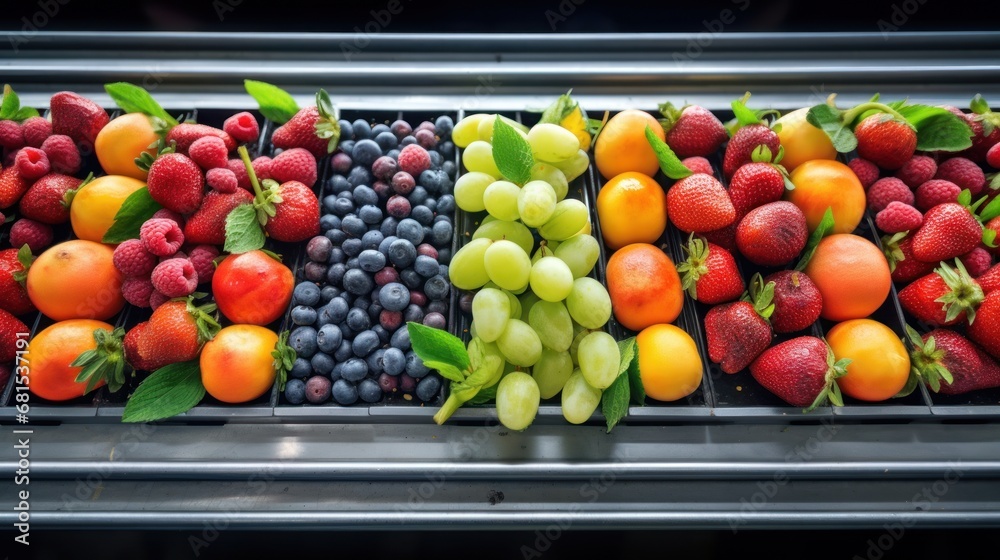 Fruits and berries in a metal box in a supermarket