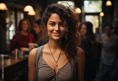 a woman is standing in a group of people in a coffee shop