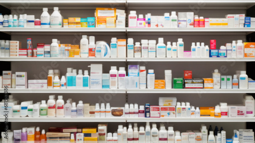Pharmacy store drugs shelves, pharmacy business store, showcasing various types of prescription medications medical supplies, Shelves with Health Care Products, Concept of pharmacist, blurred image photo