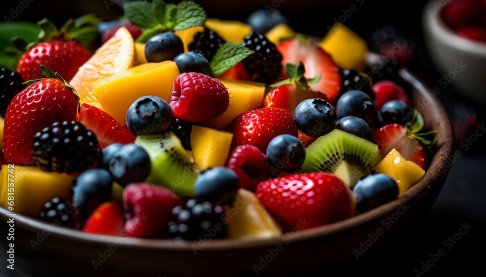 Healthy fruit salad with blueberries, strawberries, raspberries, and kiwi generated by AI