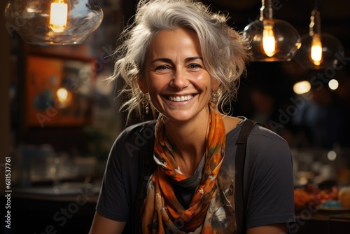 older woman smiling in casual restaurant, in the style of abrasive authenticity, intricate layering photo
