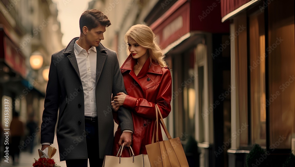 A young romantic couple with shopping bags in their hands, walking down the street together.