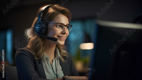 A female dispatcher wearing headphones sits in front of a monitor in a call center and receives calls, advice and support.