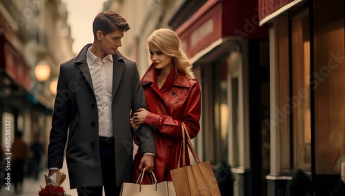 A young romantic couple with shopping bags in their hands, walking down the street together.