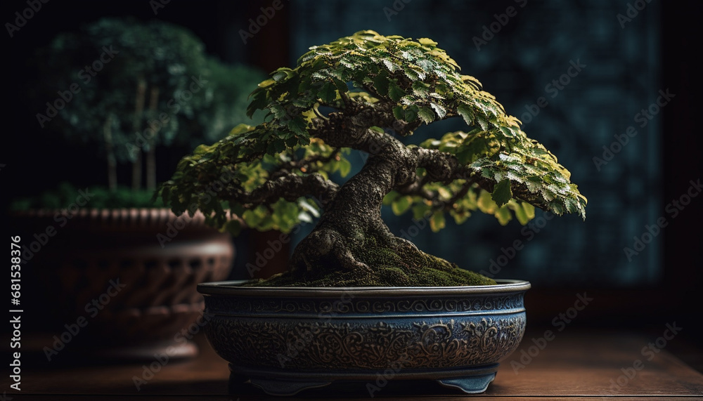 Japanese pottery holds a small pine tree for decoration generated by AI Japanese pottery holds a small pine tree for decoration generated by AI