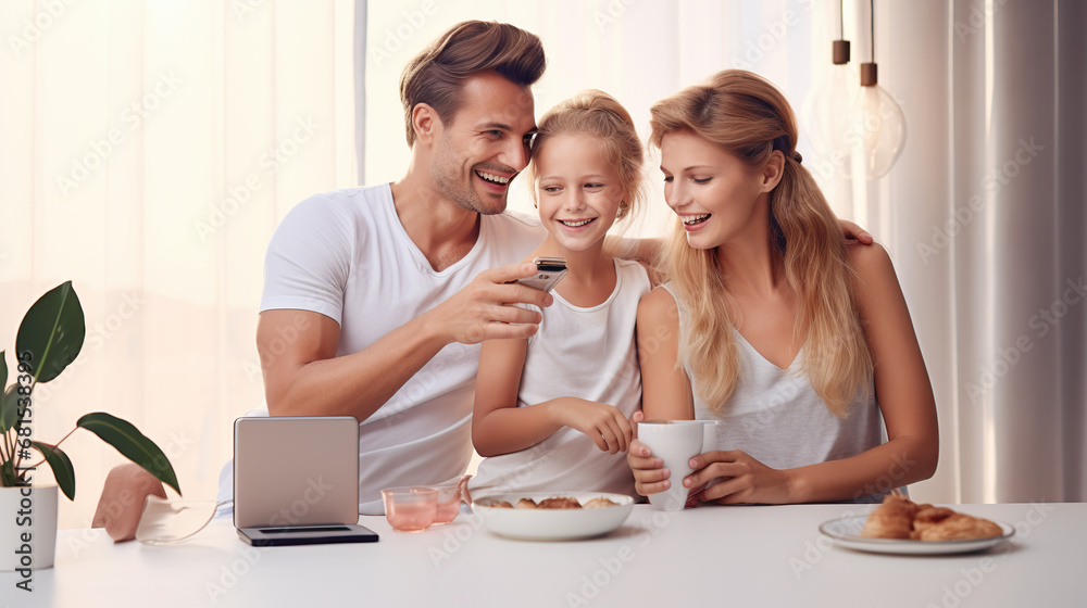 happy family using mobile phone together 