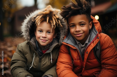 two young boys on a playground in an autumn setting, in the style of bold colorism