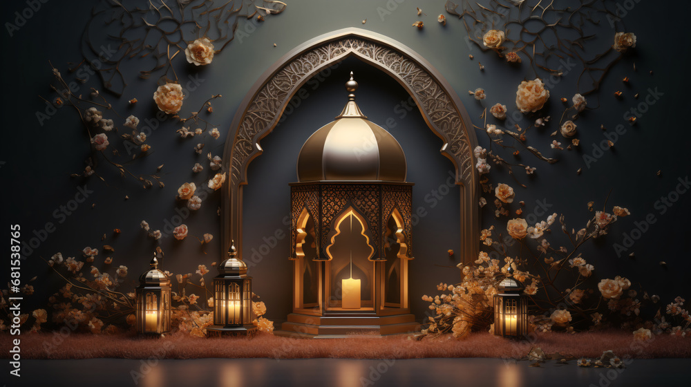 Ornamental Arabic lantern with burning candle glowing at night. invitation for the Muslim holy month Ramadan Kareem.