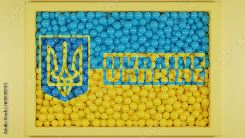 3d rendering. The Ukrainian flag. A lot of balloons with the symbol of Ukraine and a call to stop the war in Ukraine. .