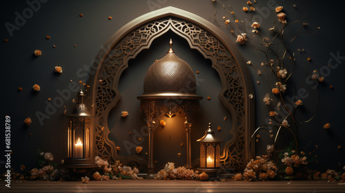 Ornamental Arabic lantern with burning candle glowing at night. invitation for the Muslim holy month Ramadan Kareem.