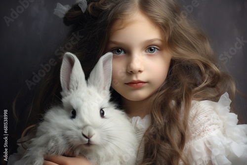  little girl with her  rabbit, bunny