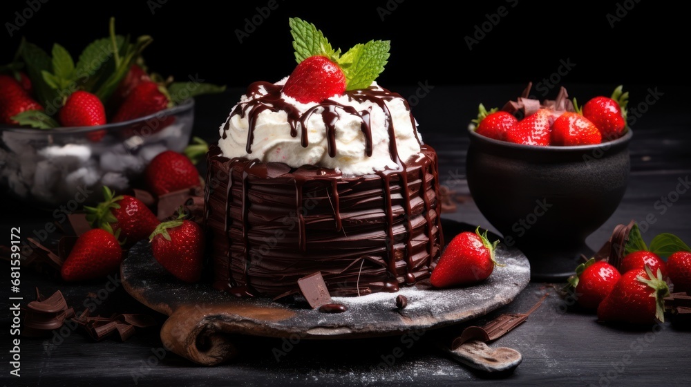 Chocolate cake with whipped cream and fresh strawberries on a black background