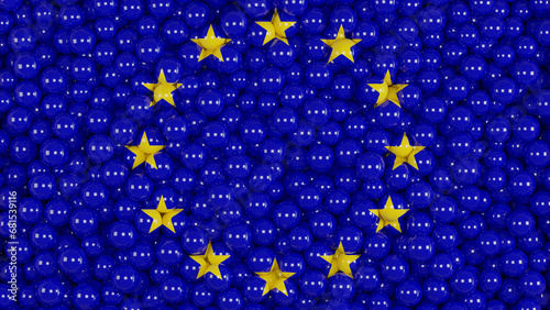 3d rendering. The background of many blue balls forms the flag of the European Union. The idea of unity from a multitude of components.