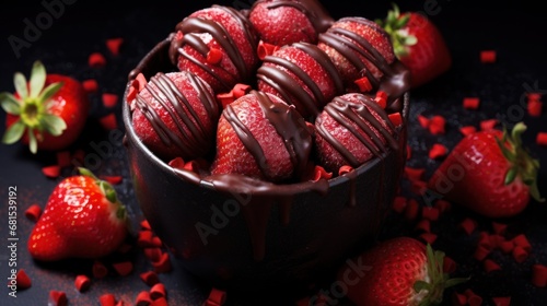 Chocolate dipped strawberries in a bowl on a dark background