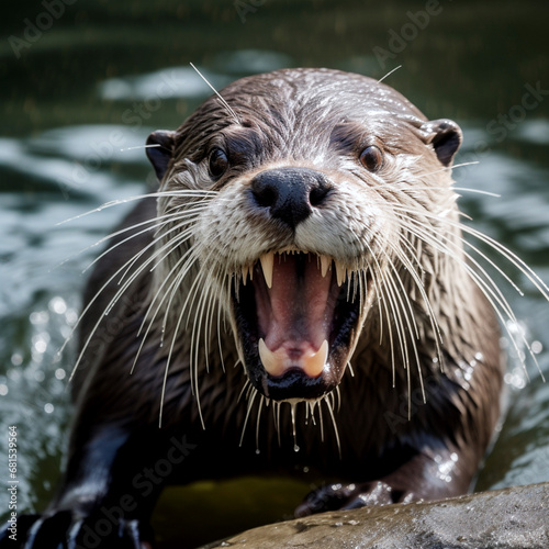 River otter, close-up portrait, big teeth, very high detail. Wild animals. Amazon.