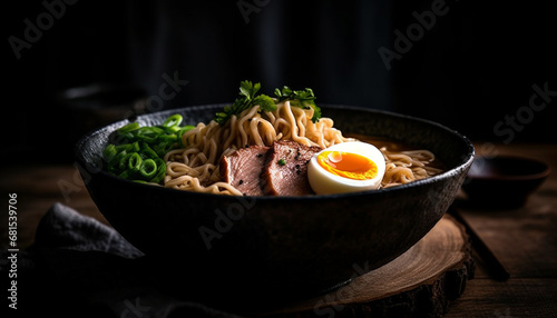 Freshly cooked pork ramen soup in rustic wooden bowl generated by AI