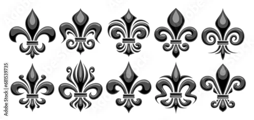 Obraz Vector Fleur de Lis set, horizontal banner with lot collection of 10 cut out illustrations of variety monochrome fleur de lis lily, group of many various antique monarchy symbols on white background