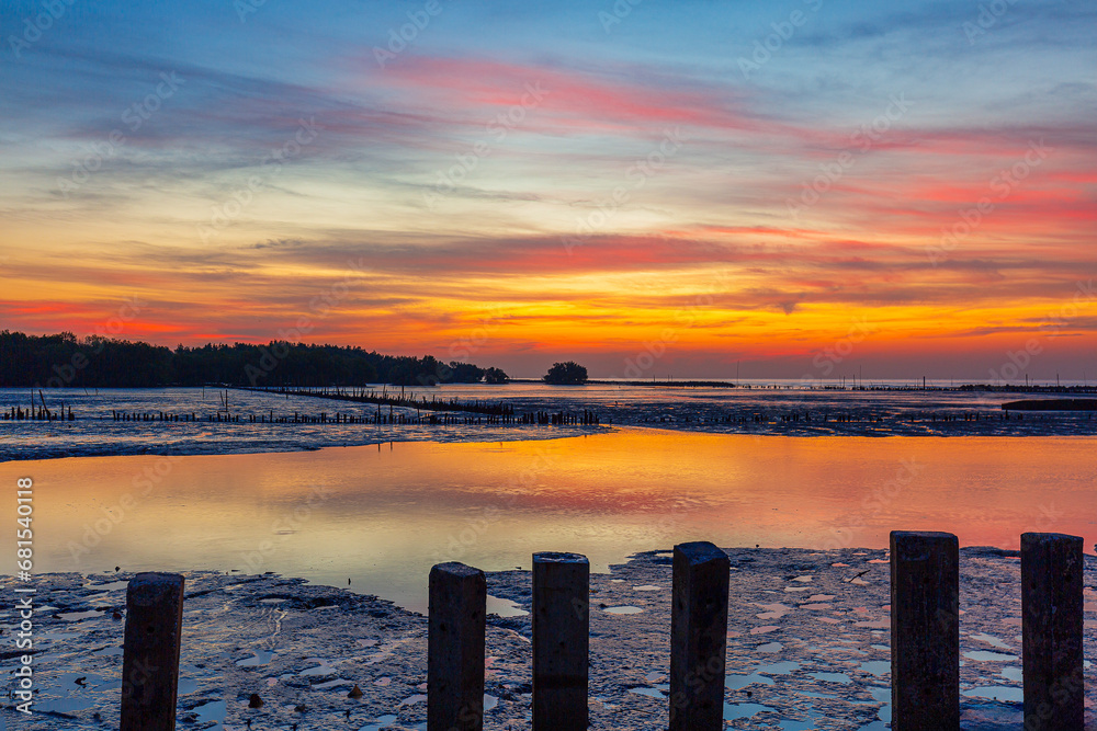 Sea coast and mangrove forest in the morning,Sea view near mangrove forest with man made wooden barrier for wave protection, under morning twilight colorful sky in Bangkok, Thailand