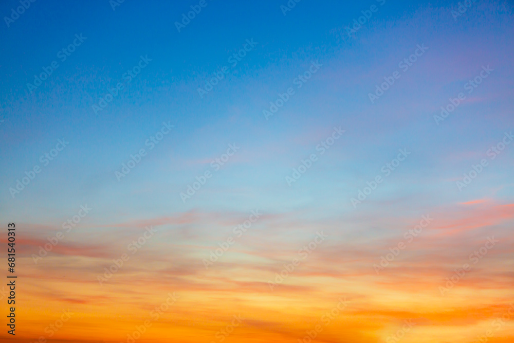 morning clouds and sky,Real majestic sunrise sundown sky background with gentle colorful clouds without birds. Panoramic, big size - obrazy, fototapety, plakaty 