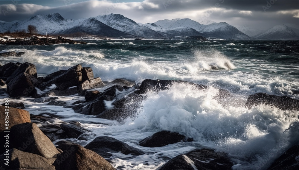Mountain range meets coastline, waves breaking on rocky terrain generated by AI