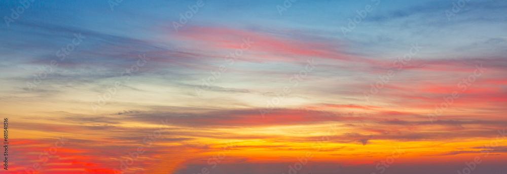 morning clouds and sky,Real majestic sunrise sundown sky background with gentle colorful clouds without birds. Panoramic, big size