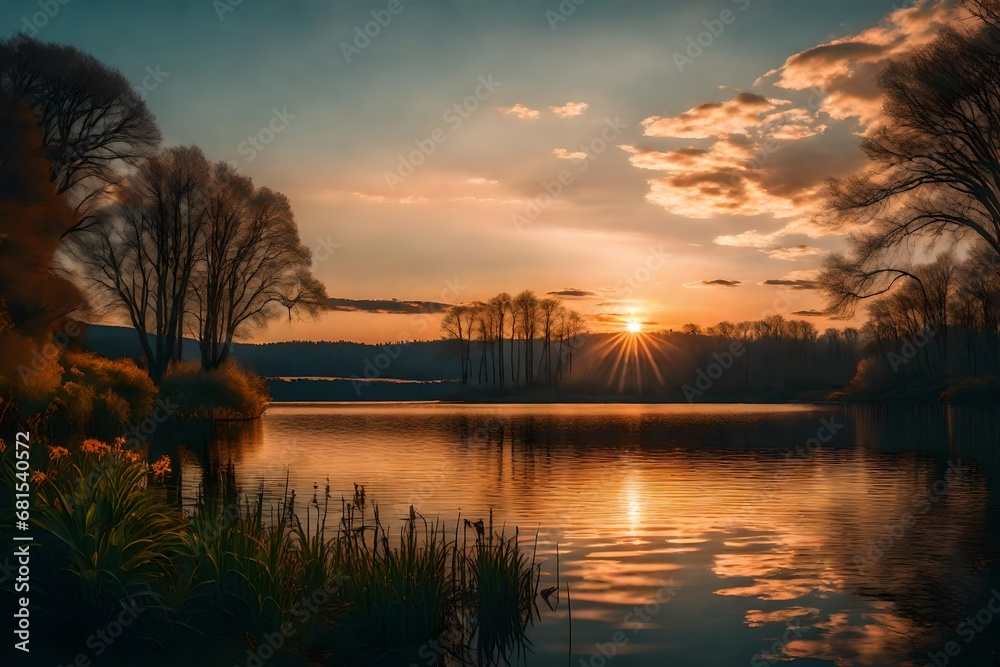 Beautiful lake sunset in spring time