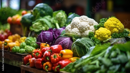 Variety of vegetables on a market stall. Shallow depth of field