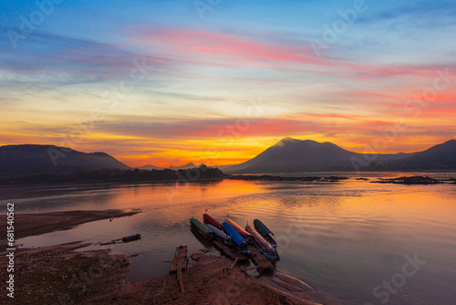 Mekong river and mountain scenery in the morning,Kaeng Khut couple scenery, Chiang Khan, Thailand,View of Kaeng Khut Khu Chiang Khan District, Loei Province, Thailand