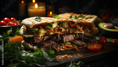 Grilled beef sandwich, fresh vegetables, homemade guacamole, rustic bread generated by AI