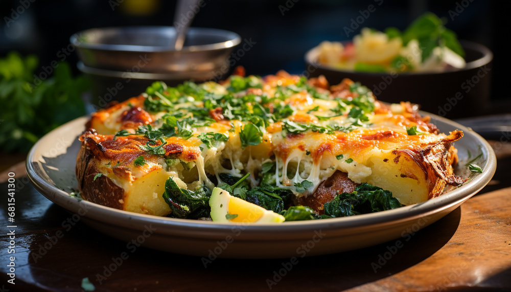 Freshly cooked gourmet meal on a wooden table, ready to eat generated by AI Freshly cooked gourmet meal on a wooden table, ready to eat generated by AI