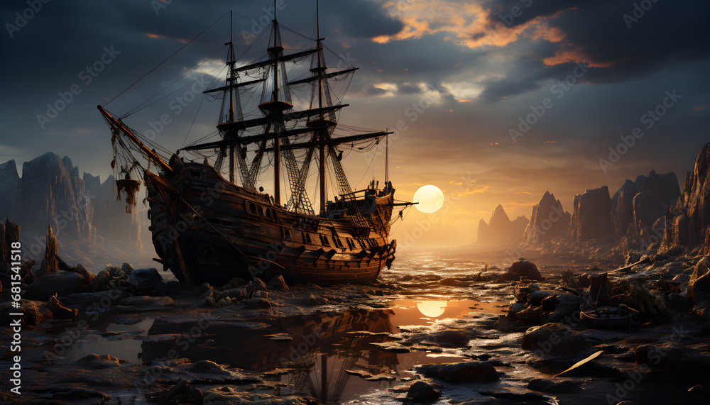 fantasy world, a damaged wooden ship - obrazy, fototapety, plakaty 