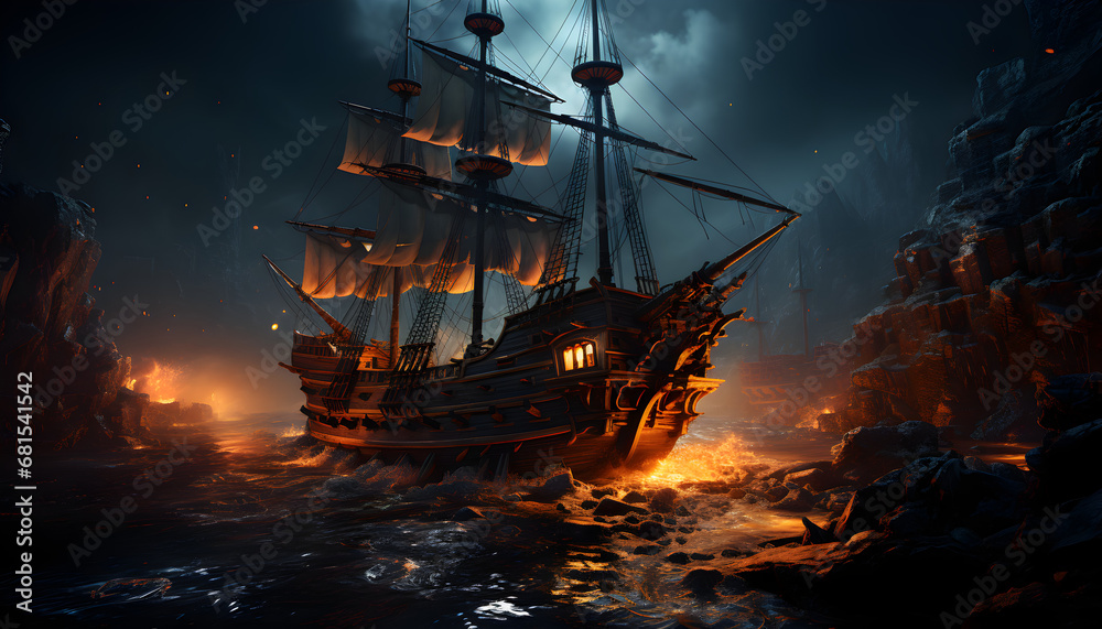 Obraz premium fantasy world, a damaged wooden ship from an old century floats in the water.