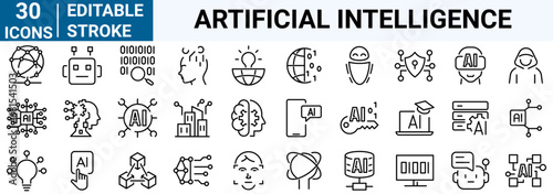 Artificial intelligence set of 30 web icons in line style. AI technology icons for web and mobile app. Machine learning, digital AI technology, algorithm, smart robotic and cloud computing network