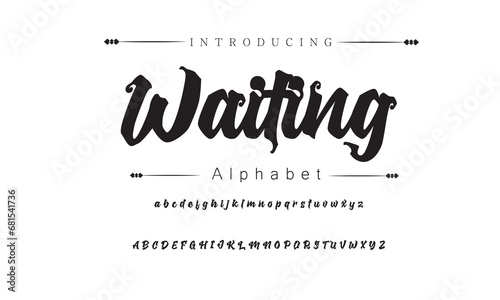 Waiting Vintage decorative font. Lettering design in retro style with label. Perfect for alcohol labels, logos, shops and many other. photo