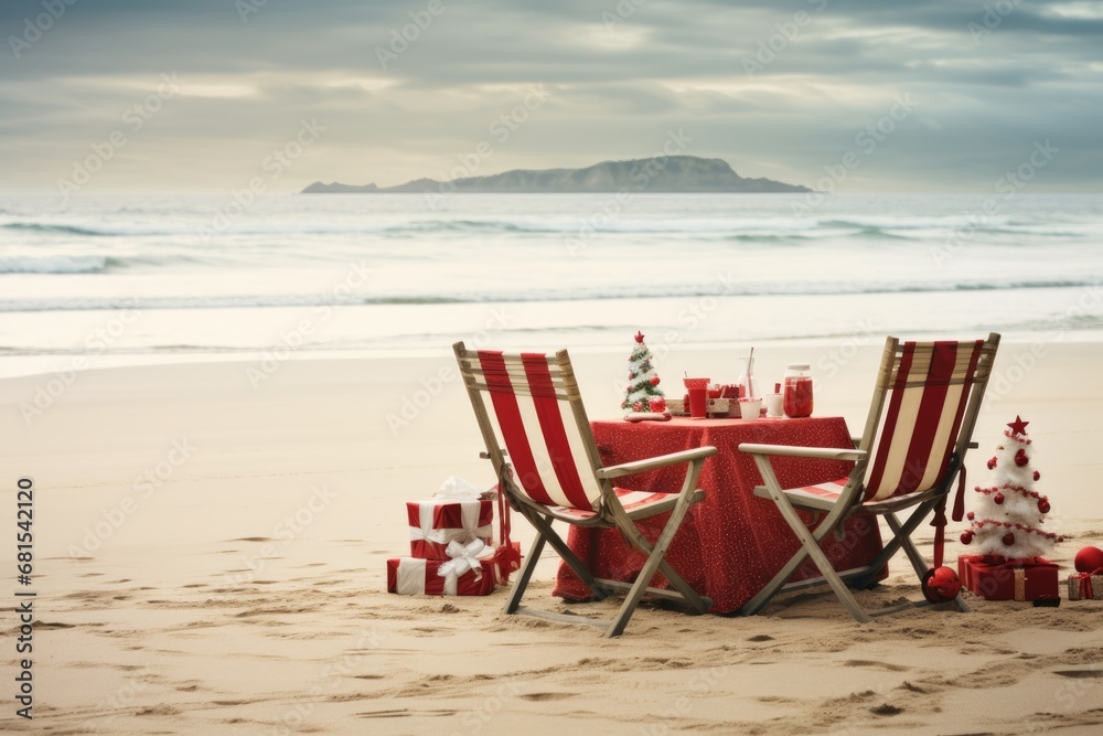 christmas dinner romantic table setting on the beach. AI Generated christmas dinner romantic table setting on the beach. AI Generated
