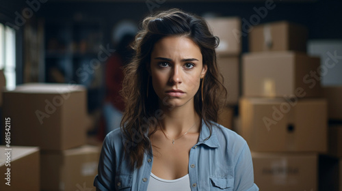caucasian woman, 30s, indoor in a room surrounded by cardboard boxes, shocked or sad and worried, moving stress and moving boxes, fictional reason and location photo