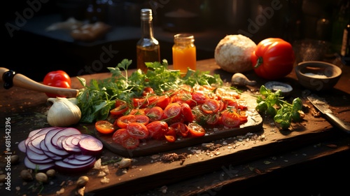 Vegetables salad with tomatoes  onions and spices on wooden table