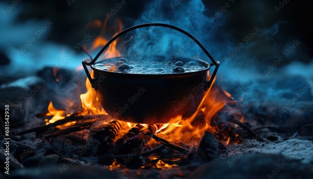 boiling pot on fire in the forest concept of fire cooking boiling pot on fire in the forest concept of fire cooking