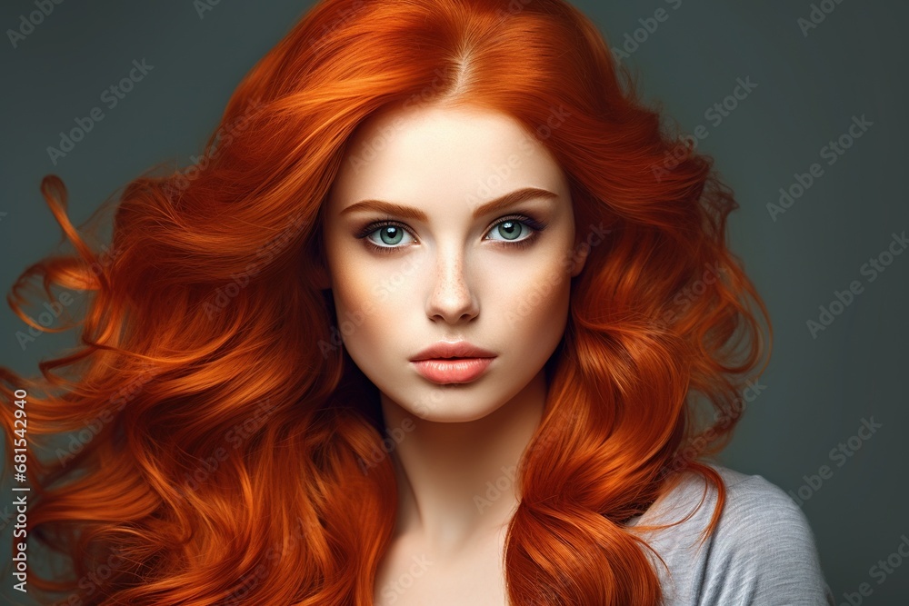 portrait of a fashion young woman with red long hair